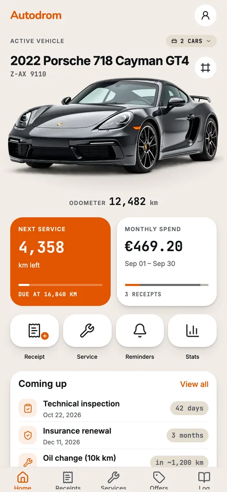 Autodrom app — Home: the active car with its plate and odometer, next service and monthly spend, and upcoming reminders (sample data)