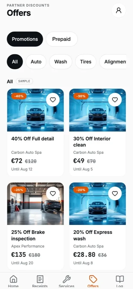 Autodrom app — Offers: partner promotions with discount badges and prices (sample data)