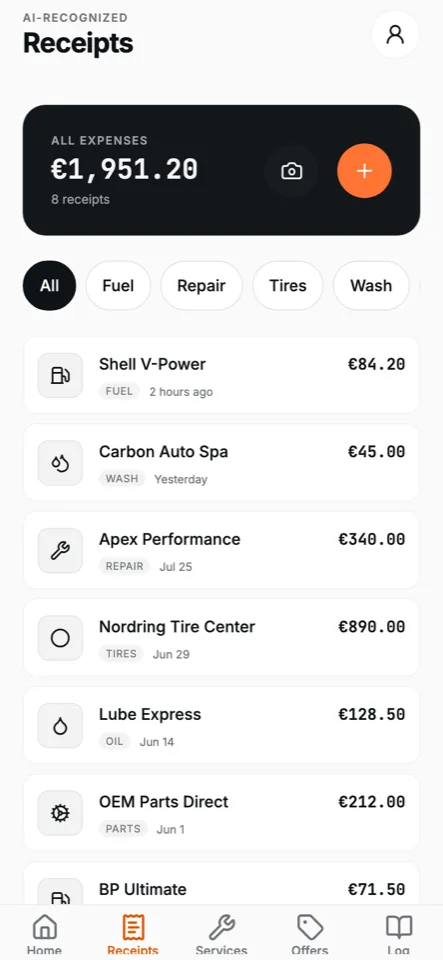 Autodrom app — Receipts: AI-recognized expenses with category chips and totals (sample data)