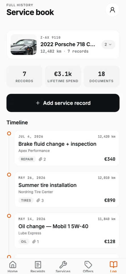 Autodrom app — Service book: the vehicle's full history timeline with records, costs and documents (sample data)